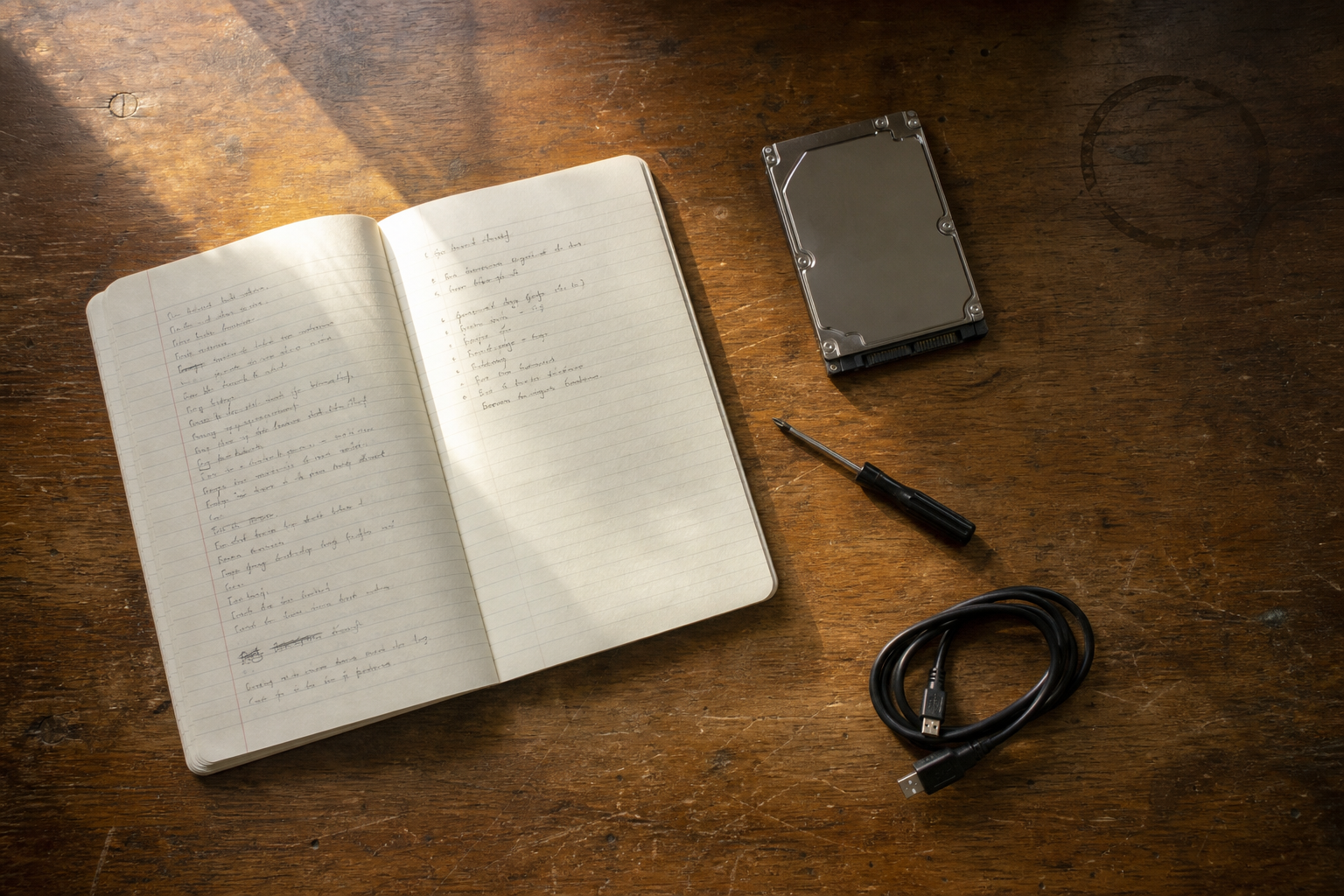 Escritorio de trabajo con un cuaderno abierto, un disco duro y un destornillador